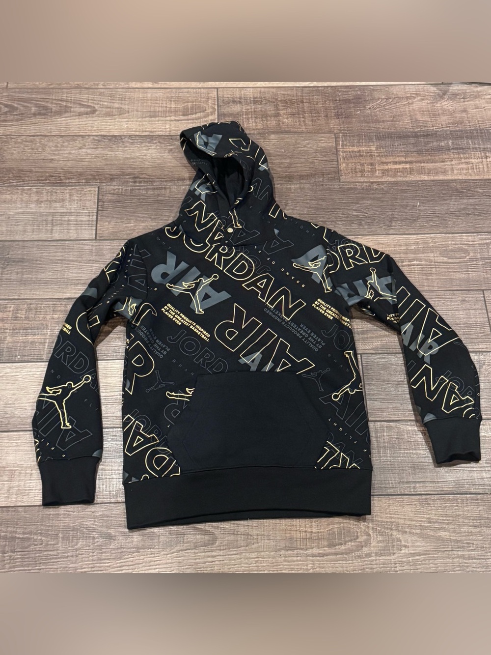 Air Jordan Kids Black Gold Hoodie Jumpman All over print Medium NWOT
